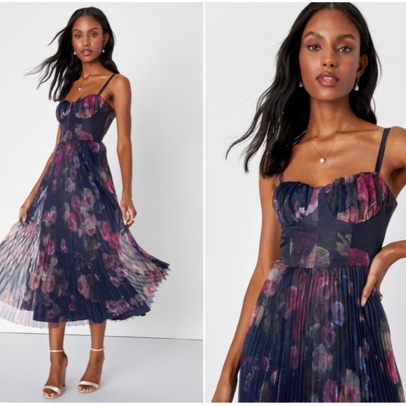 Lulu's Navy Floral Pleated Midi Dress with Pink and Purple Blooms - Picture 2 of 5